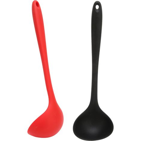 Cuillère à soupe en silicone 2 pièces, louche multifonction pour cuisson, cuisine, soupe et porridge, noir + rouge. (1/5)