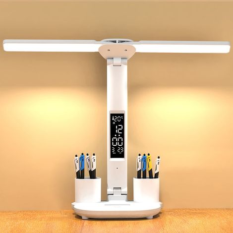 Lampe de Bureau Sans Fil à LED pour Enfant avec Heure Calendrier Température 2 Porte Stylo, 7W Double Tête Desk Lamp Dimmable 3 Modes de Couleur, Contrôle Tactile Protection des Yeux, Blanche (1/5)