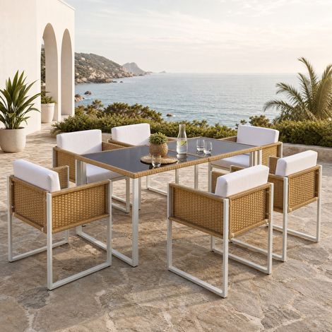 Conjunto de jardín de mesa y 6 sillones, 170 x 80 x 75 cm, marrón y blanco DESVIAE (1/5)