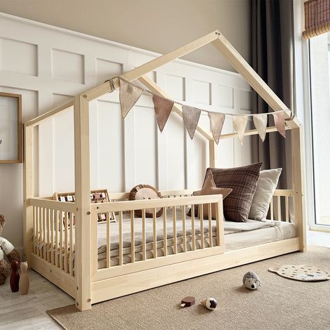 Petits-Meubles – Lit cabane 90x190 avec barrière amovible – Sommier inclus – Bois de pin naturel – Normes de sécurité EN 1725