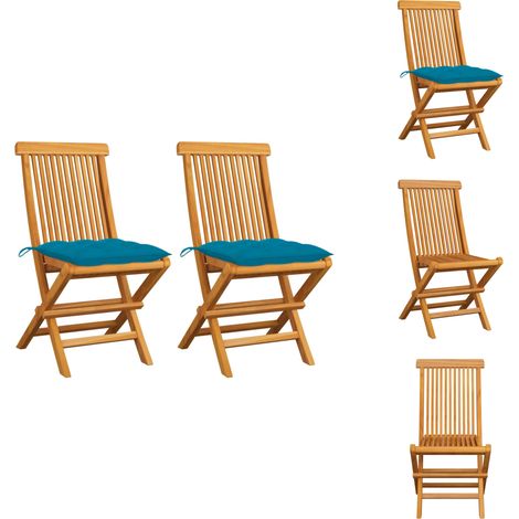 Gartenstühle mit Hellblauen Kissen 2 Stk. Massivholz Teak - Gartensessel - Gartenmöbel - Teakholzmöbel - Klappbarer Stuhl - Outdoormöbel (1/5)