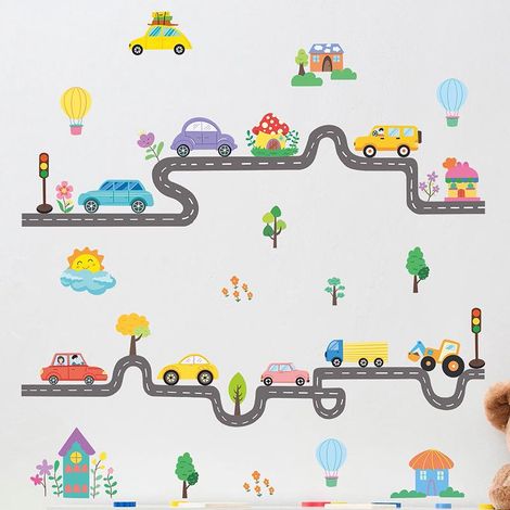 Lot de stickers muraux décoratifs pour chambre d'enfant, décalcomanies de voiture miniature sur route, autocollants muraux pour salon, adhésifs mignons pour déco murale, set de 3 pièces, coloris assor (1/4)