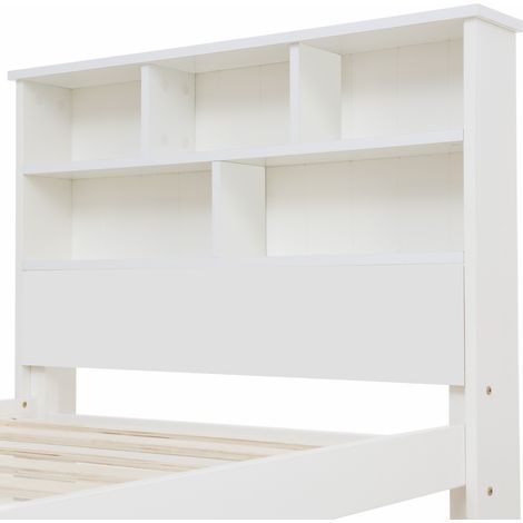Lit 1 place en bois véritable avec rangements, sommier à lattes inclus, étagère intégrée, adapté ado et adulte, literie 90x200 cm, teinte blanche (1/5)