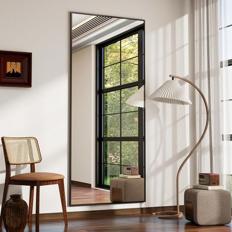 Koonmi – Miroir sur pied pleine longueur 165x60 cm – Cadre aluminium noir – Verre technique résistant – Installation murale ou sur pied