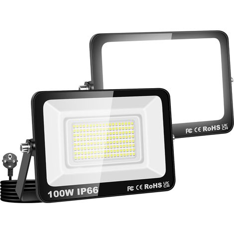 2PCS Projecteurs LED Extérieur Avec Prise, Spot LED 100W 10000LM, 6000K Blanc Froid, IP66 Etanche Eclairage Lumière de Sécurité pour Jardin Patio Garage Terrasse Maison (1/5)