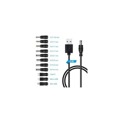 Cable USB a CC de 5 V, cable de alimentación USB a CC, adaptador de corriente CC 11 en 1, conector cilíndrico CC de 5,5 x 2,1 mm para portátil, router, etc. (1 m, negro) - Crezuo