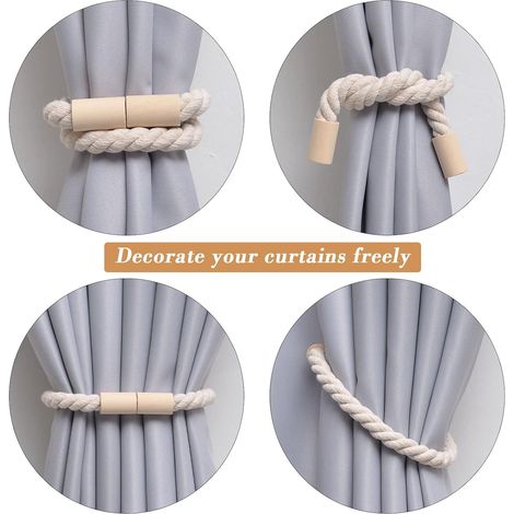 2 embrasses de Rideaux magnétiques Décoration Bohème de la Maison en Coton Naturel Faites à la Main en Corde pour Rideaux de fenêtre de Maison (Beige) (1/5)