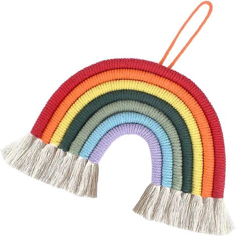 Handgewebter, farbenfroher Regenbogen-Wandteppich mit Pompons, für Zuhause und Kinder (1/5)