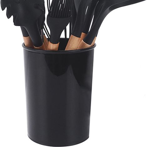 Küchenhelfer-Set mit Holzgriff, Silikon, Antihaftbeschichtung, Kochlöffel, Spatel, Pinsel, Schaber und Clip, Schwarz, 11-teilig, Farbbox, runder Eimer (1/5)