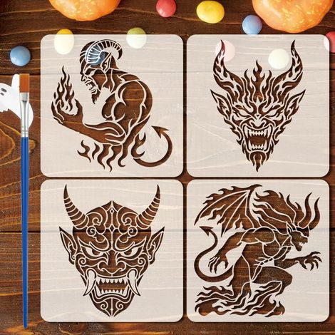 4 Pièces Pochoirs Démons et Diables Avec Pinceau 15x15cm Modèle Horreur Gothique Halloween Pochoirs Évidés En PET Réutilisables pour Peinture, Art DIY, Loisirs Créatifs (1/5)