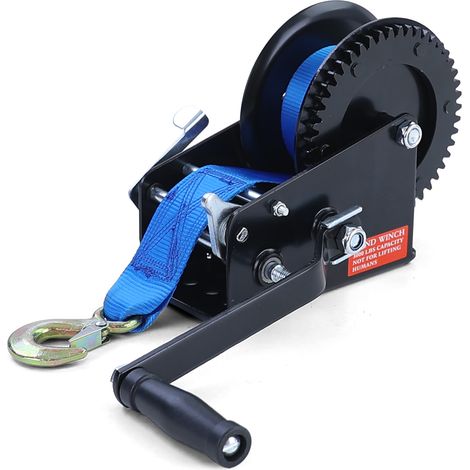 Treuil manuel 1500kg – Sangle bleue 8m pour remorquage – Rapport de transmission 5:1 – Crochet stable pour fixation sécurisée – Ramroxx