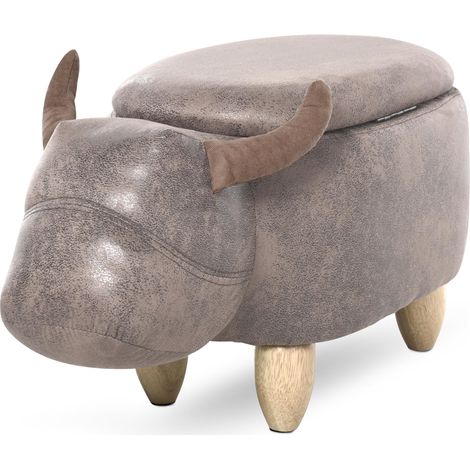 HOMCOM Tabouret Vache - Pouf Vachette - Pouf Taureau Coffre de Rangement 2 en 1 - Pieds Bois d'hévéa revêtement synthétique Aspect Daim Vieilli Marron