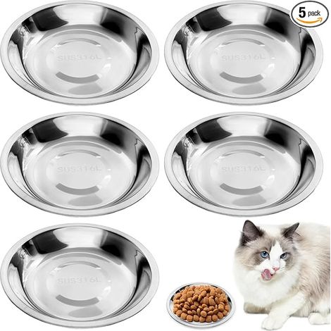 304 Stainless Steel Cat Bowls 6.1 Inch Flat Shallow Stainless Steel Bowls, Metal Replacement Plates for Cat Small Dog (1/5)
