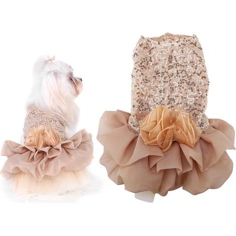 Paillettenbesetztes Prinzessinnen-Hochzeitskleid für Hunde, goldener Ballrock für kleine Hunde, Sommerkostüm (Größe L)