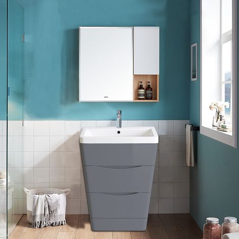 Free Standing Drawer Vanity Unit Basin Bathroom 600mm Gloss Grey (1/5)