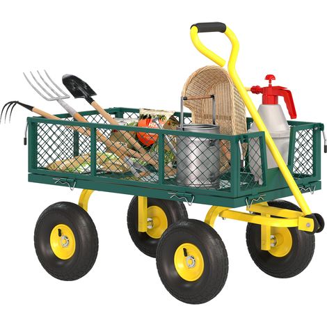Gartenwagen aus Stahl mit 200 kg Tragkraft und abnehmbaren Seitenwänden, 104 x 54 x 51 cm, Grün und Gelb