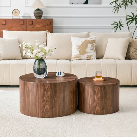 Ensemble de 2 tables basses rondes gigognes avec rangement, en MDF imitation bois, d'environ 62,8 cm/44 cm de diamètre, avec couvercle amovible et compartiment de rangement. (1/5)