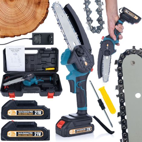 Rosfix Set Green Piranhia GP21V – Akku-Kettensäge 21V 1200 W  2x 3000 mAh Akku, 6" Schwert & Kette  Automatische Ölung  Für Holzschnitt & Garten  Elektrosäge Set