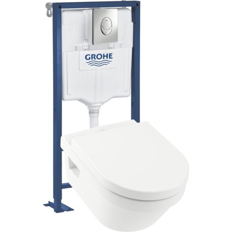 Villeroy & Boch – WC suspendu sans bride – Cuvette à fond creux – Sortie horizontale – Abattant en duroplast blanc – Bâti support GROHE avec réservoir 6/9L (1/5)