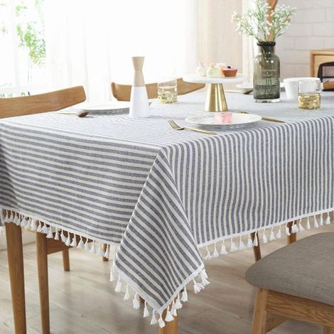 Stain Resistant Cotton Linen Striped Tassel Tablecloth/(Rectangle, 55 x 71 Inch, Blue) Waterproof Dustproof Table Cover for Kitchen Dining Tabletop Decoration
