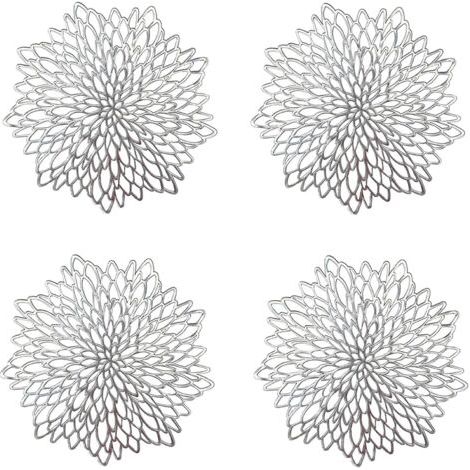 4 Pièces Napperon de Table Argent, Set de Table Rond évidé, Napperons Ronds Tapis de Table en Plastique, Utilisé pour L'isolation Thermique de L'assiette et de la Décoration de Table (Argent) (1/5)