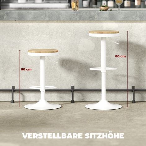 Tabourets de bar lot de 2, réglables en hauteur 360° rotatifs, piètement acier repose-pieds 38,5x38,5x60-80 cm bois naturel + blanc (1/5)