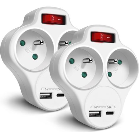Adapteur Fiche Multiprise Biplite avec Interrupteur pour façade, 2 Prise 16A, 1 USB 1 Type C 5V 2.4A, Blanc – Lot de 2 (1/5)