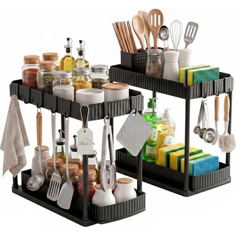 Lot de 2 paniers de rangement extensibles multifonctionnels,Organisateur sous Évier, 2 Niveaux avec Tiroirs, Rangement Coulissant pour Cuisine, Salle de Bains, Buanderie - Économiseur d'Espace,Noir (1/5)