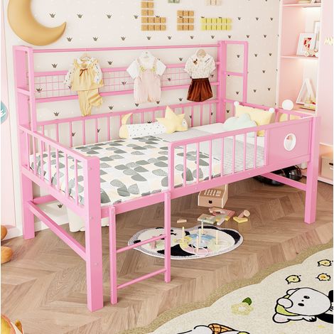 Cama litera baja 90x200 cm rosa de metal y MDF con barandillas y almacenaje (1/5)