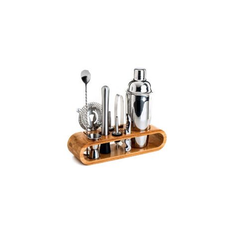 Juego de coctelería, acero inoxidable/bambú, coctelera Cobbler de 550 ml, paquete de 10, plata/marrón