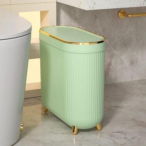 Poubelle de salle de bain avec couvercle, corbeille à papier fine, corbeille à papier rectangulaire en plastique étroite pour cuisine, salle de bain, bureau (vert) (1/5)