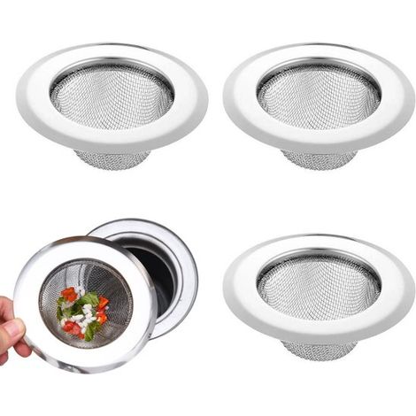 Lot de 3 crépines d'évier - Crépine d'évier de cuisine - Crépine en acier inoxydable - Bouchon de vidange - Crépine anti-obstruction - 11,3 cm x 4 cm - Argent - Convient pour les cuisines, les salles (1/5)
