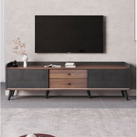 Mobile TV 160 x 40 x 58 cm con porte scorrevoli e 2 cassetti, nero e legno HAVRYA (1/5)