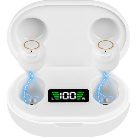 Amplificateur de son, amplificateur de son rechargeable, réduction du bruit, station de charge USB, boîte de rangement, design ergonomique, casque sans fil, blanc (2 pièces)