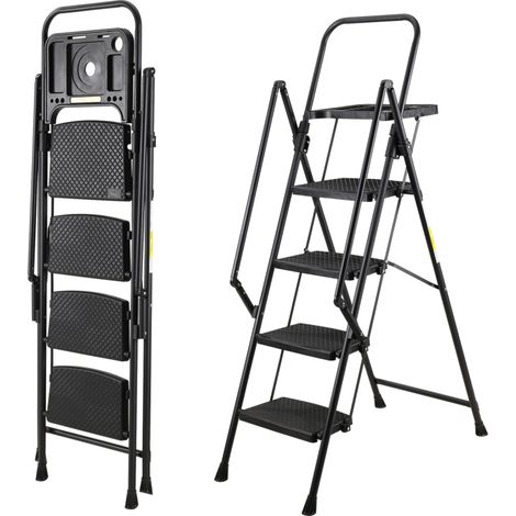 Escabeau à 4 marches, robuste et en acier, avec larges pédales antidérapantes, rampe, système de verrouillage de sécurité, testé avec une charge de 150 kg, pliable et portable pour une utilisation pol (1/5)