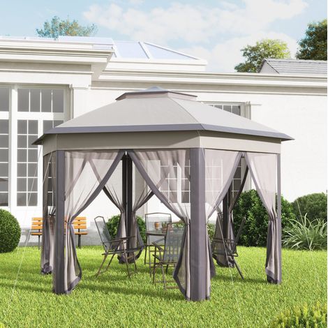Gartenpavillon sechseckig aus Metall, Coffee, wasser- und UV-beständig, mit Mesh-Seitenwänden, 405x340x285 cm (1/5)