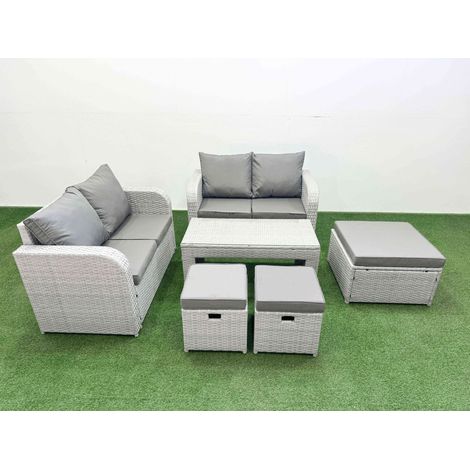 Fimous 7 Seater Outdoor Love Sofa Set Rattan Garden Furniture Set with Oblong Coffee Table 3 Footstool Light Grey (1/4)