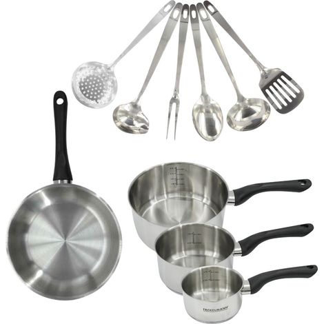 Set 1 poêle 24 cm, 3 casseroles en inox et 6 ustensiles inox Fackelmann Geneva (1/5)