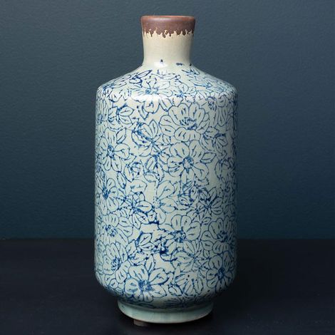 Vase Bouteille Fleuri Bucolique Grès bleu 20x10cm (1/4)