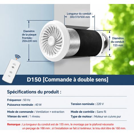 Extracteur d'air traversée de mur D150 appareil tout-en-un d'insufflation et d'extraction d'air bidirectionnel avec télécommande longueur 300 mm 9 pales 1 kg – Livraison gratuite
