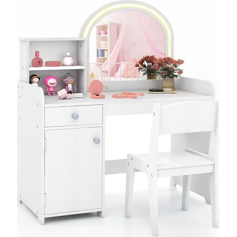 COSTWAY Tocador de Mquillaje Niña con Luces LED de 2 Colores, Set de Mesa de Tocador y Silla para Niños, Juego de Maquillaje con Estantes, Cajón y Armario, Espejo de Acrílico y Peine (1/5)