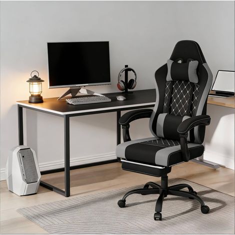 Silla de oficina gaming con masaje, reposapiés, negra y gris DESVIAE (1/5)
