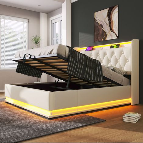 Cama doble 160x200 cm blanca en PU con LED 360°, almacenamiento hidráulico y puertos USB-C (1/5)