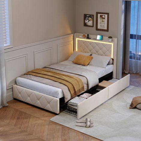 Lit 90x200 cm avec tiroirs, lit capitonné vec bande lumineuse LED et chargement USB, lit Double, Lits de Rangement–Sommier à lattes
