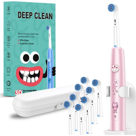Brosse à dents électrique sonique enfant rose nettoyage profond 3D, 8 têtes étanche étui de transport Rose (1/5)