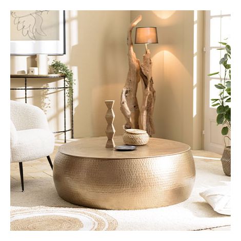 Macabane – Table basse ronde 106x106cm en aluminium doré effet martelé – Meuble monté – Style élégant pour décoration intérieure (1/5)