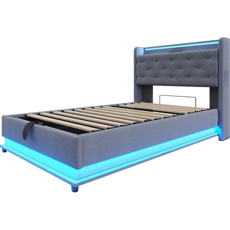 Cama infantil tapizada 90 x 200 cm gris tejido efecto lino con LED USB y almacenaje hidráulico (1/5)