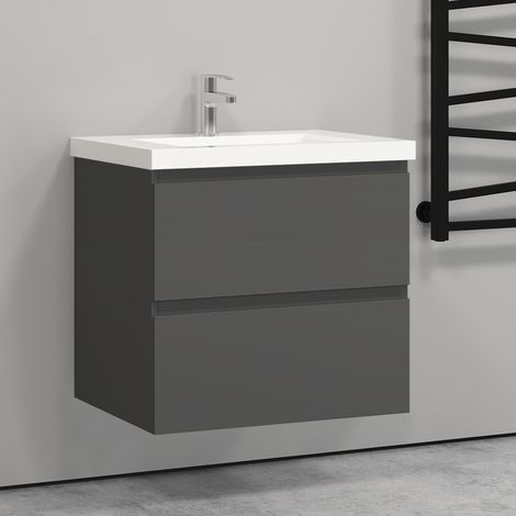 Vanity Unit with Basin Storage Cabinets Matt Grey 2 Drawer - Wall Hung 500mm