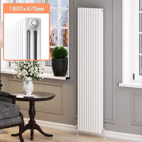 ELEGANT 1800 x 465 mm White Traditional Rads Cast Iron Style Radiator Triple Vertical Column Radiators Efficient Radiator + Chrome Thermostatic Radiator Valves (1/5)