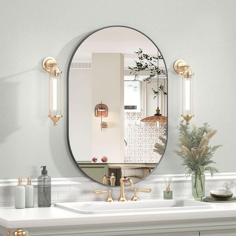 Miroir ovale 40 x 60 cm – Cadre en métal noir – Résistant aux chocs – Installation verticale/horizontale – Pour salle de bain, chambre, entrée (1/4)